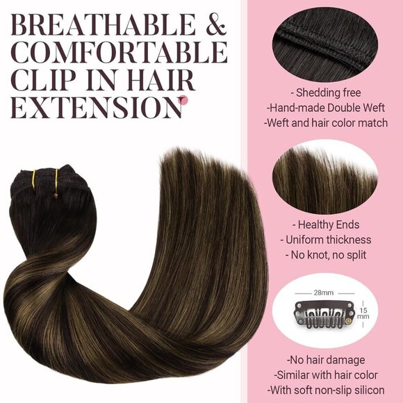 Hair Extensions Clip in Human Hair 16 Inch Balayage Dark Brown Chestnut main image 8
